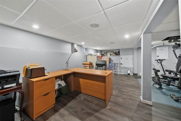 Fitness Equipment, Home Office, Interior, Recessed Lighting, Wood Texture Flooring