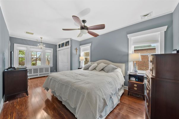 Bedroom, Chandelier, Interior, Wood Texture Flooring