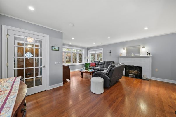 Fireplace, Interior, Living room, Recessed Lighting, Wood Texture Flooring