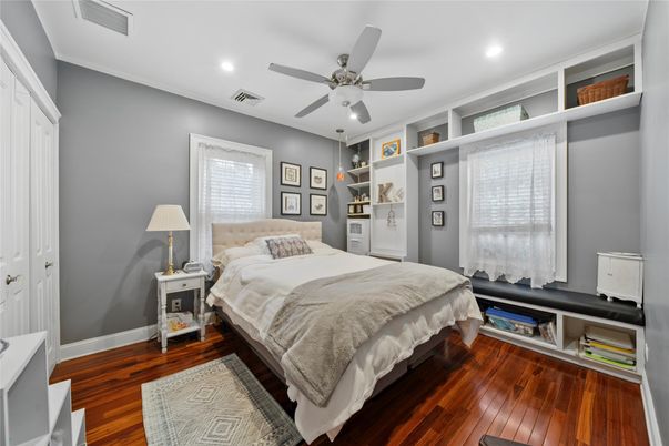 Bedroom, Interior, Recessed Lighting, Wood Texture Flooring