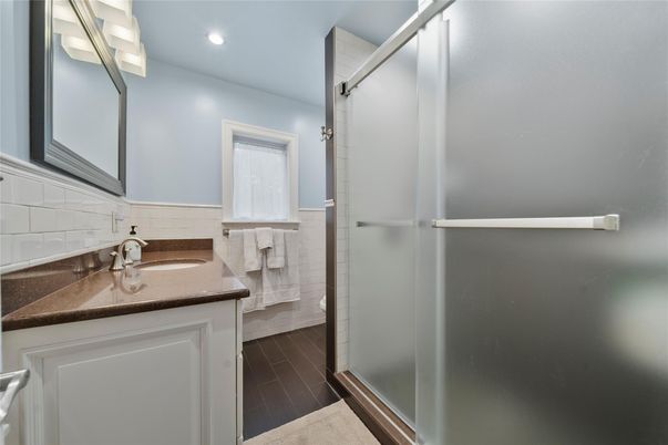 Bathroom, Glass Shower, Interior, Recessed Lighting, Wood Texture Flooring