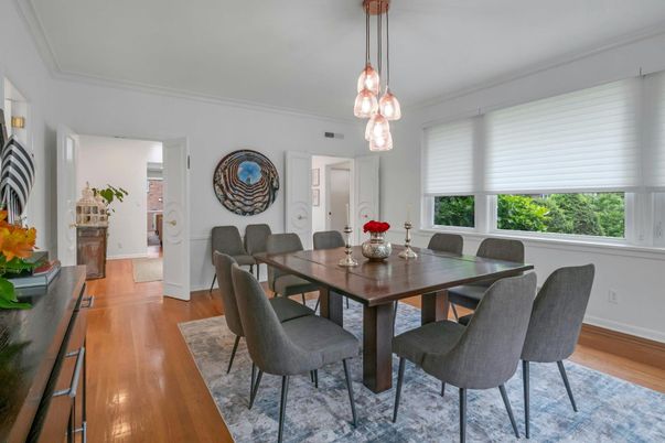 Dining room, Interior, Pendant Lights, Wood Texture Flooring