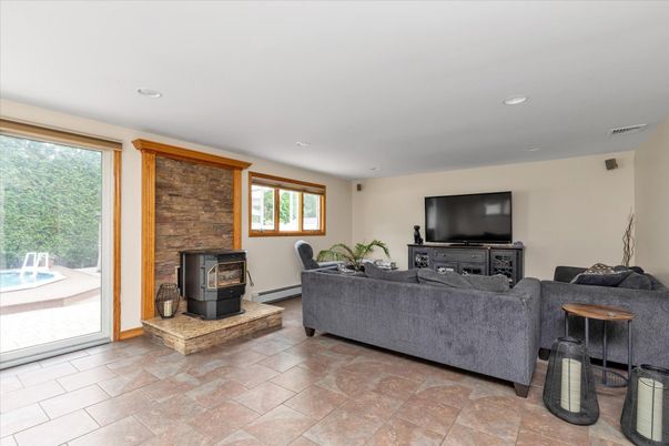 Fireplace, Interior, Living room, Recessed Lighting, Stone Walls