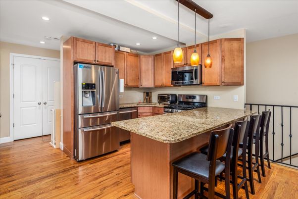 Interior, Kitchen, Pendant Lights, Recessed Lighting, Stainless Steel Appliances, Wood Texture Flooring