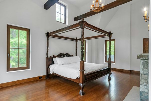 Bedroom, Chandelier, Interior, Wooden Beams, Wood Texture Flooring