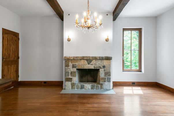 Chandelier, Empty room, Fireplace, Interior, Wooden Beams, Wood Texture Flooring
