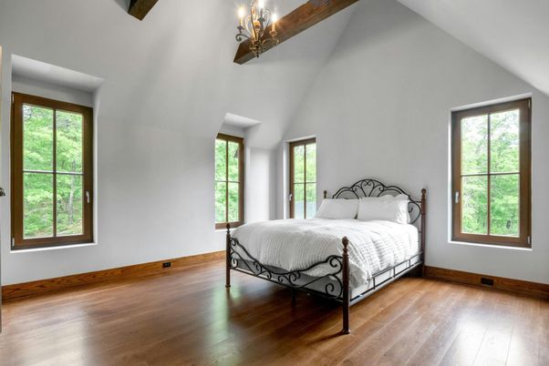 Bedroom, Chandelier, Interior, Wooden Beams, Wood Texture Flooring