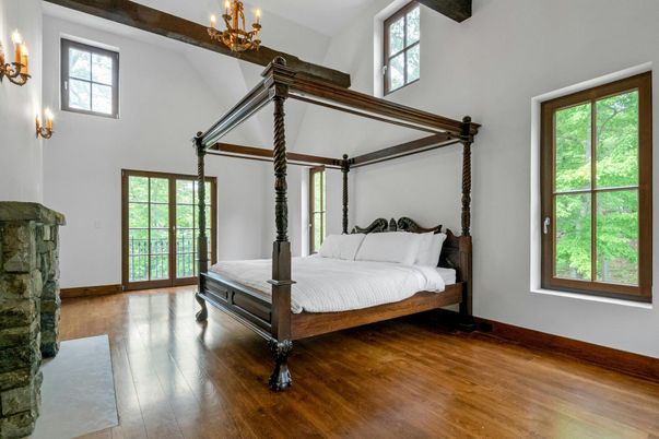 Bedroom, Chandelier, Interior, Wooden Beams, Wood Texture Flooring