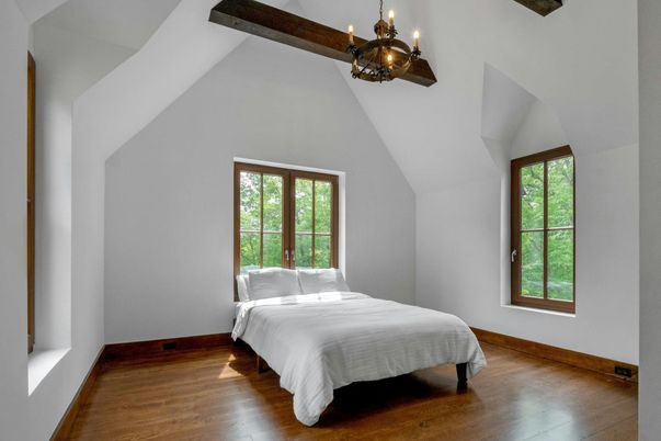 Bedroom, Chandelier, Interior, Wooden Beams, Wood Texture Flooring