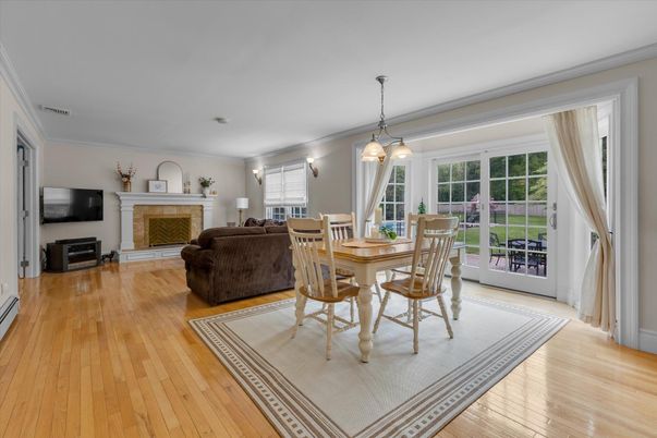 Dining room, Fireplace, Interior, Living room, Pendant Lights, Wood Texture Flooring