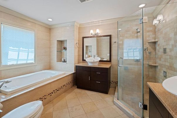 Bathroom, Dual Sink Vanities, Glass Shower, Interior, Recessed Lighting