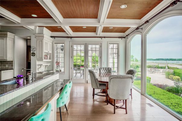 Dining room, Interior, Recessed Lighting, Water, Wooden Ceilings, Wood Texture Flooring