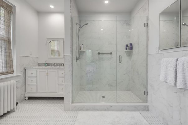 Bathroom, Glass Shower, Interior, Marble Walls, Recessed Lighting