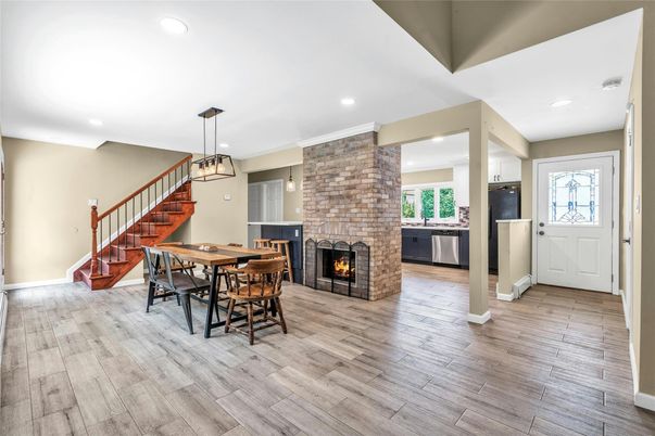Dining room, Fireplace, Interior, Kitchen, Pendant Lights, Recessed Lighting, Stone Walls, Wood Texture Flooring