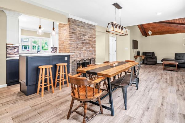 Dining room, Fireplace, Interior, Pendant Lights, Recessed Lighting, Stone Walls, Wooden Beams, Wooden Ceilings, Wood Texture Flooring