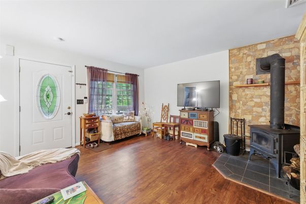 Fireplace, Interior, Living room, Stone Walls, Wood Texture Flooring