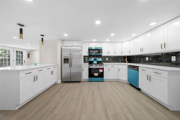 Interior, Kitchen, Recessed Lighting, Stainless Steel Appliances, Wood Texture Flooring