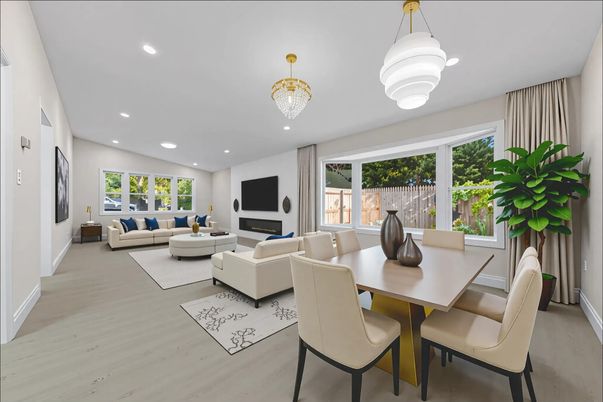 Chandelier, Dining room, Fireplace, Interior, Living room, Recessed Lighting, Wood Texture Flooring