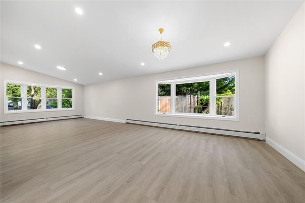 Chandelier, Empty room, Interior, Recessed Lighting, Wood Texture Flooring