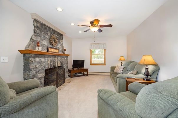 Fireplace, Interior, Living room, Recessed Lighting, Stone Walls