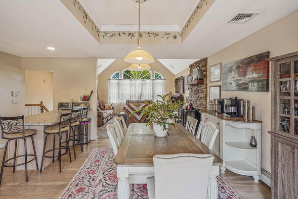 Dining room, Interior, Pendant Lights, Recessed Lighting, Wood Texture Flooring