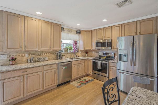 Interior, Kitchen, Recessed Lighting, Stainless Steel Appliances, Wood Texture Flooring