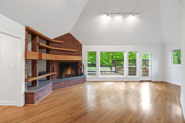 Empty room, Fireplace, Interior, Stone Walls, Wood Texture Flooring