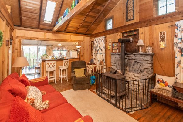 Fireplace, Interior, Living room, Pendant Lights, Wooden Beams, Wooden Ceilings, Wood Texture Flooring, Wooden Walls