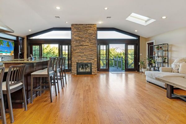 Fireplace, Interior, Recessed Lighting, Stone Walls, Wood Texture Flooring