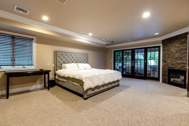 Bedroom, Fireplace, Interior, Recessed Lighting, Stone Walls