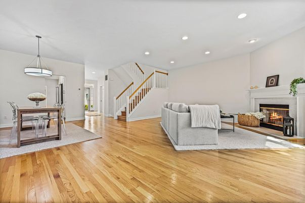Dining room, Fireplace, Interior, Living room, Pendant Lights, Recessed Lighting, Wood Texture Flooring