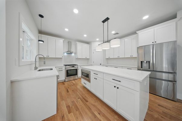 Interior, Kitchen, Pendant Lights, Recessed Lighting, Stainless Steel Appliances, Wood Texture Flooring