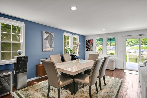 Dining room, Interior, Recessed Lighting, Wood Texture Flooring