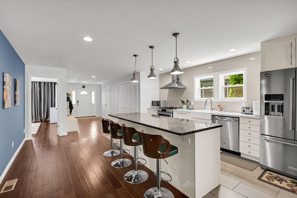 Interior, Kitchen, Pendant Lights, Recessed Lighting, Stainless Steel Appliances, Wood Texture Flooring