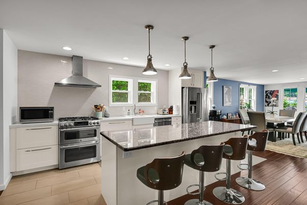Dining room, Interior, Kitchen, Pendant Lights, Recessed Lighting, Stainless Steel Appliances, Wood Texture Flooring