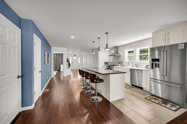 Interior, Kitchen, Pendant Lights, Recessed Lighting, Stainless Steel Appliances, Wood Texture Flooring