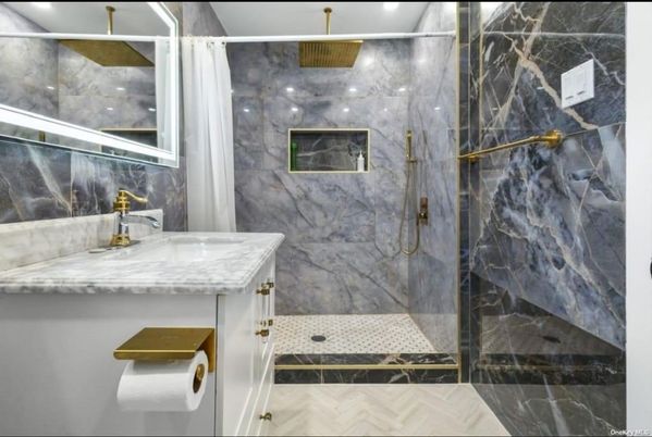 Bathroom, Glass Shower, Interior, Marble Walls, Wood Texture Flooring