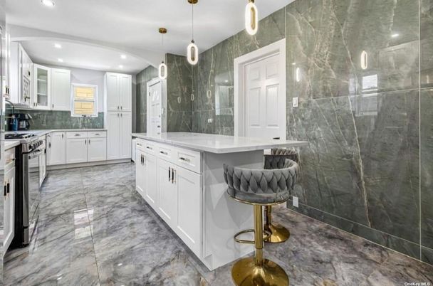 Interior, Kitchen, Marble, Marble Walls, Pendant Lights, Recessed Lighting