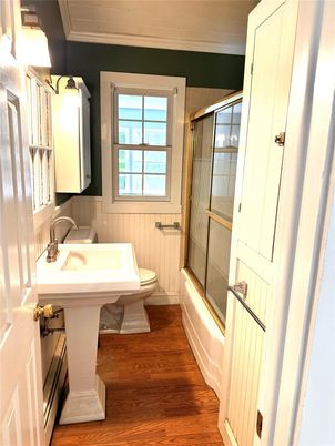 Bathroom, Glass Shower, Interior, Wood Texture Flooring