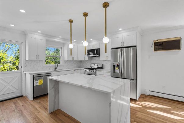 Interior, Kitchen, Pendant Lights, Recessed Lighting, Stainless Steel Appliances, Wood Texture Flooring