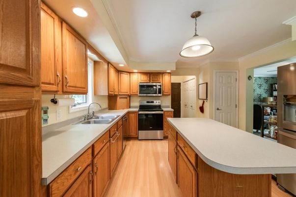 Interior, Kitchen, Pendant Lights, Recessed Lighting, Stainless Steel Appliances, Wood Texture Flooring