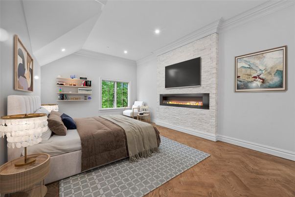 Bedroom, Fireplace, Interior, Recessed Lighting, Wood Texture Flooring