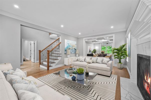 Fireplace, Interior, Living room, Recessed Lighting, Wood Texture Flooring