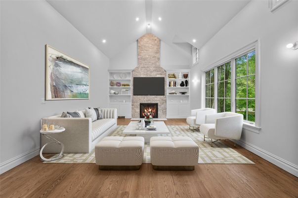 Fireplace, Interior, Living room, Recessed Lighting, Wood Texture Flooring