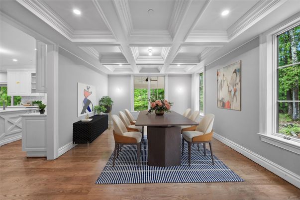 Dining room, Interior, Recessed Lighting, Wood Texture Flooring