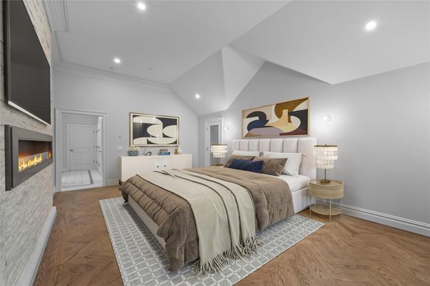 Bedroom, Fireplace, Interior, Recessed Lighting, Wood Texture Flooring