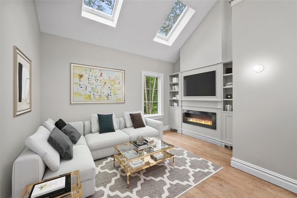 Fireplace, Glass Ceilings, Interior, Living room, Wood Texture Flooring
