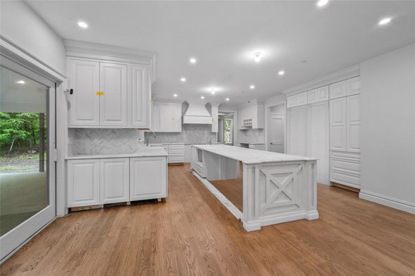 Interior, Kitchen, Marble Walls, Recessed Lighting, Wood Texture Flooring