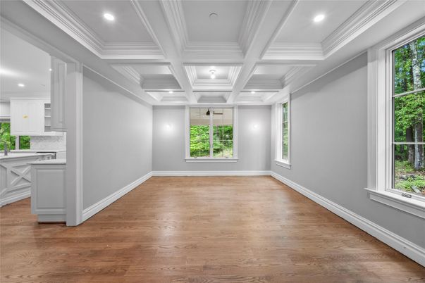 Empty room, Interior, Kitchen, Recessed Lighting, Wood Texture Flooring