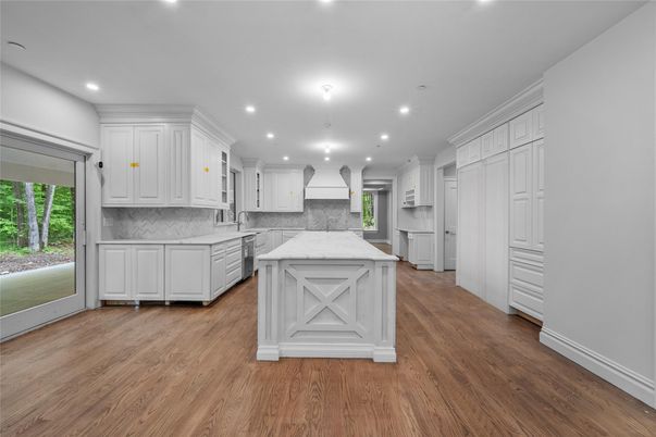 Interior, Kitchen, Marble Walls, Recessed Lighting, Wood Texture Flooring